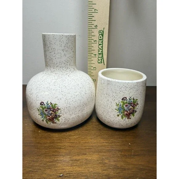 Vintage Bedside Tumble Up Water Decanter Floral Cream With Brown Speckled - Picture 5 of 7